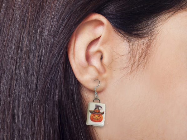 Pumpkin in Witch Hat Dangle Earrings mockup copy