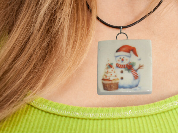 Snowman with Christmas Tree and Red Sock hat - Necklace mockup copy