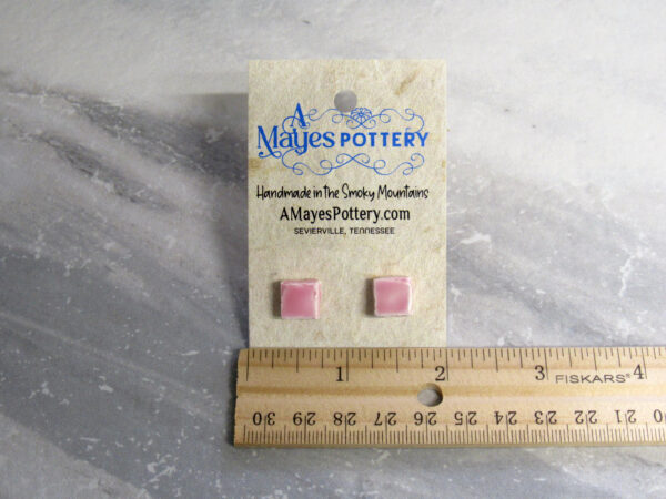 Small Pink Square Post stud earrings with ruler